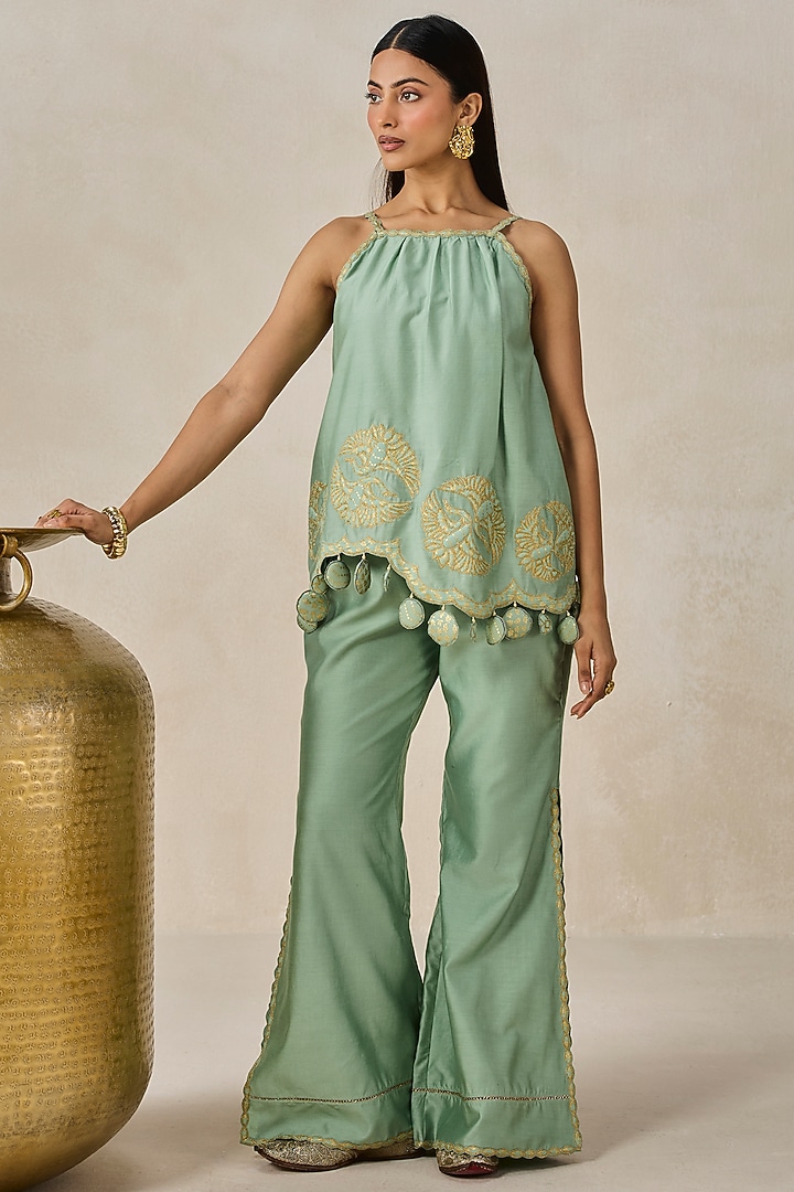 Sage Green Chanderi Applique Embroidered Short Kurta Set by NITIKA GUJRAL at Pernia's Pop Up Shop