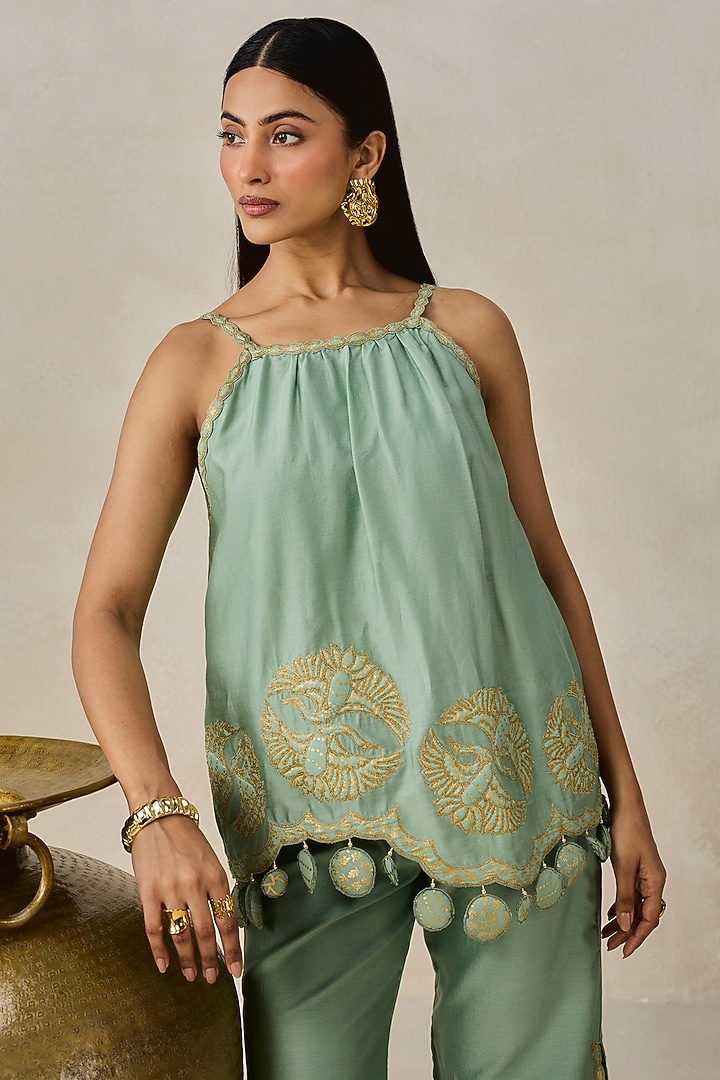 Sage Green Chanderi Applique Embroidered Short Kurta Set by NITIKA GUJRAL at Pernia's Pop Up Shop