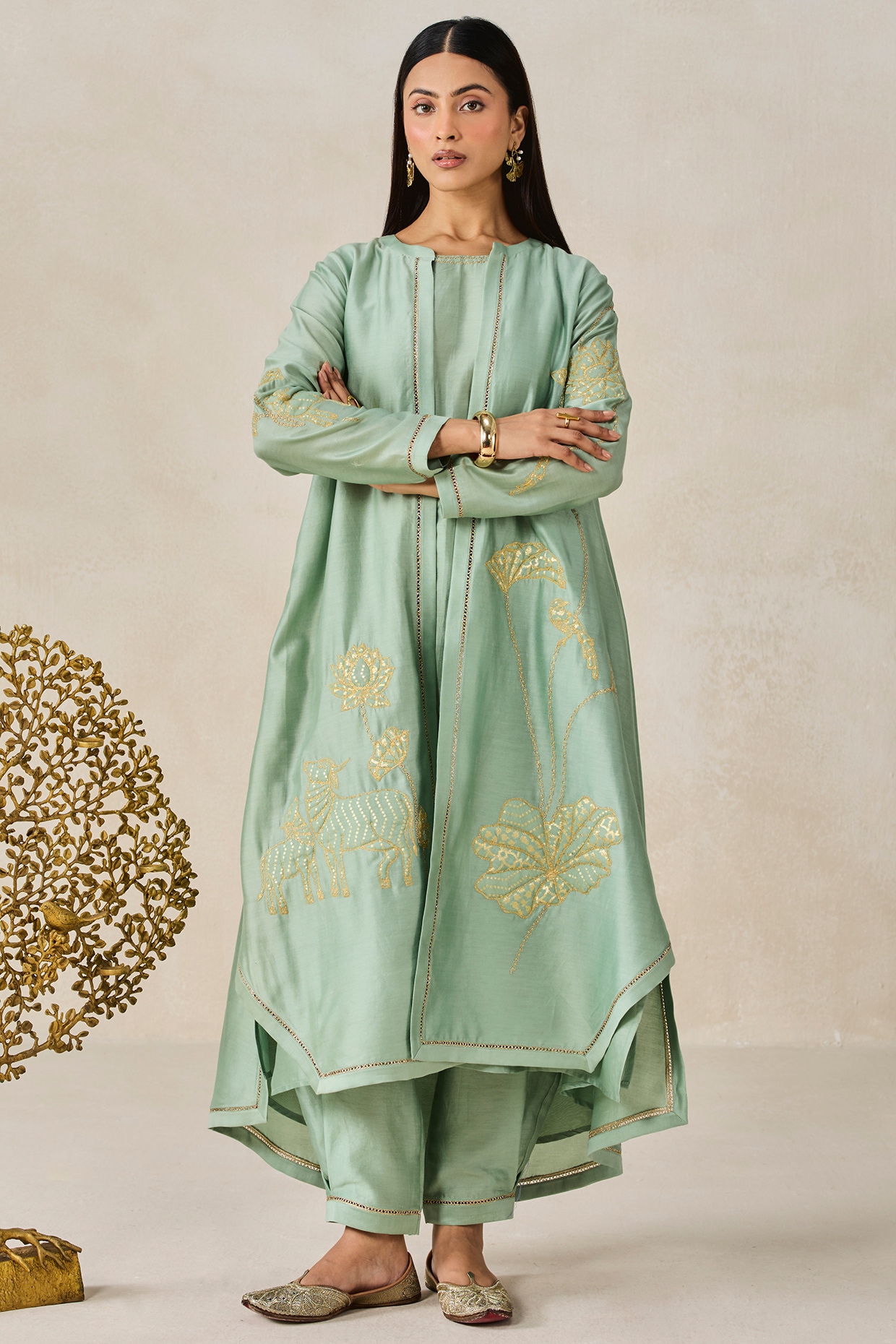 NITIKA GUJRAL Sage Green Chanderi Applique Embroidered Jacket Kurta Set