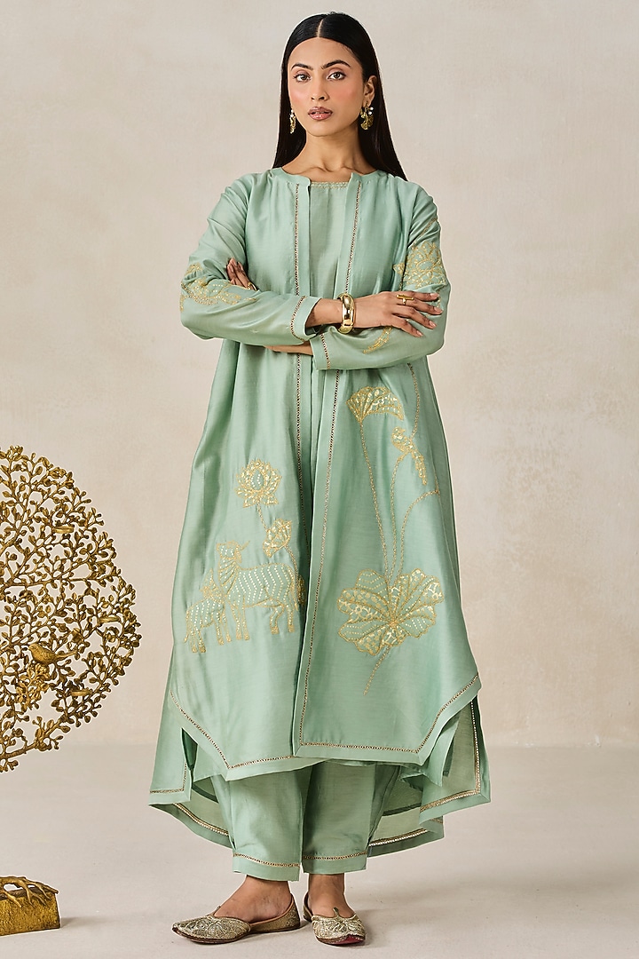 Sage Green Chanderi Applique Embroidered Jacket Kurta Set by NITIKA GUJRAL at Pernia's Pop Up Shop