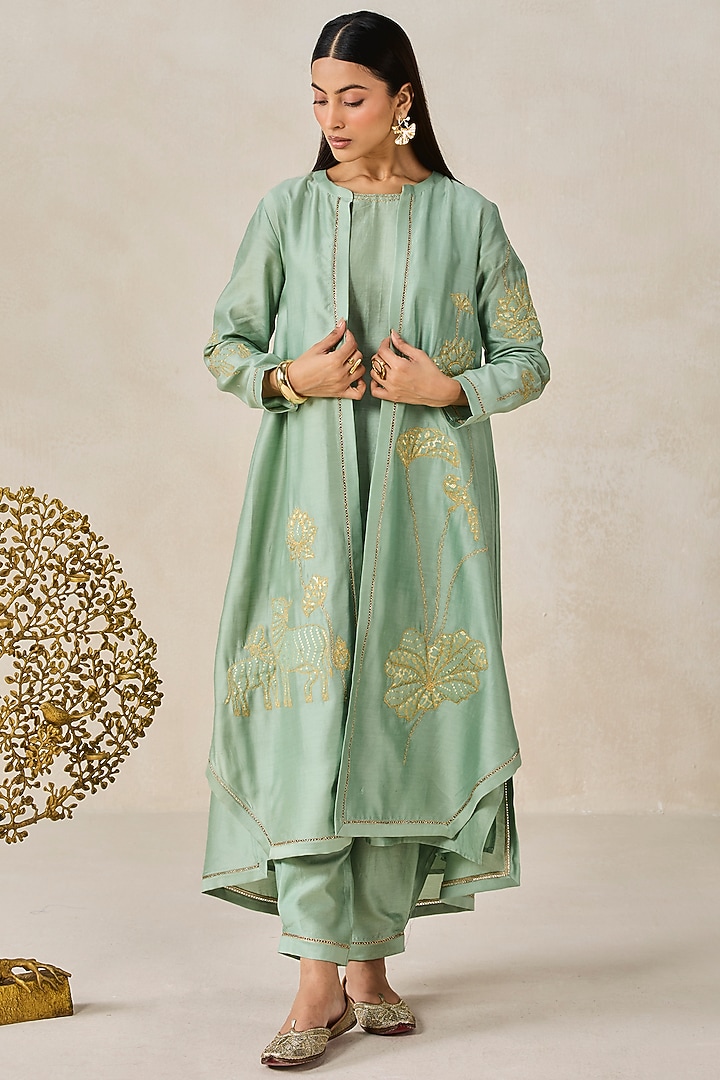 Sage Green Chanderi Applique Embroidered Jacket Kurta Set by NITIKA GUJRAL at Pernia's Pop Up Shop
