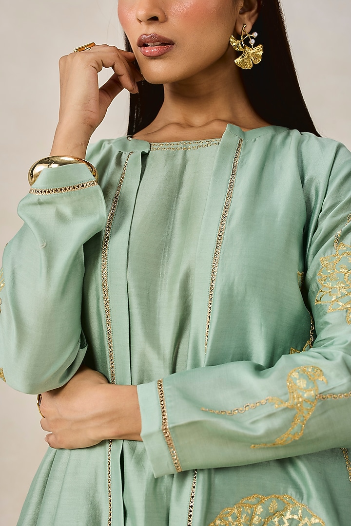 Sage Green Chanderi Applique Embroidered Jacket Kurta Set by NITIKA GUJRAL at Pernia's Pop Up Shop