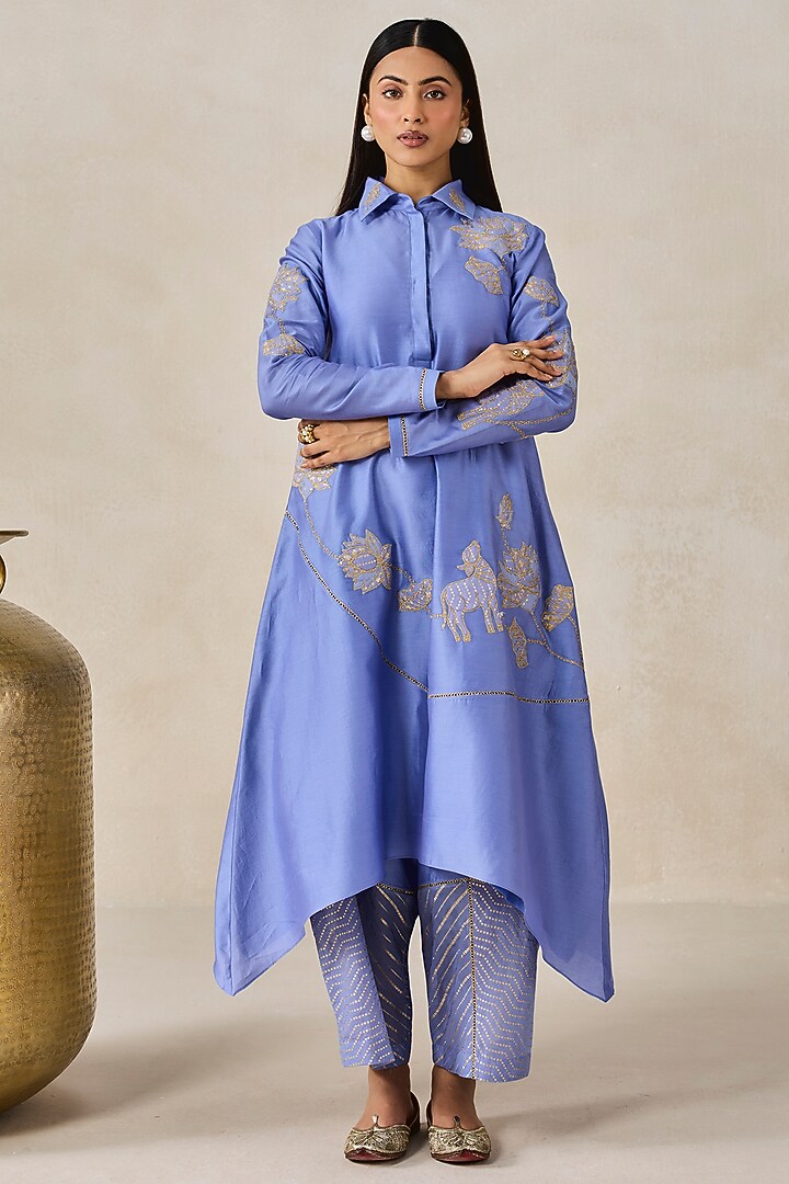 Ink Blue Chanderi Applique Embroidered Kurta Set by NITIKA GUJRAL at Pernia's Pop Up Shop