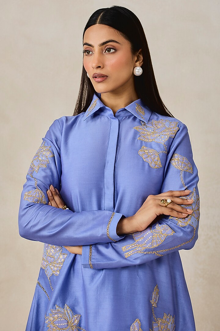 Ink Blue Chanderi Applique Embroidered Kurta Set by NITIKA GUJRAL at Pernia's Pop Up Shop
