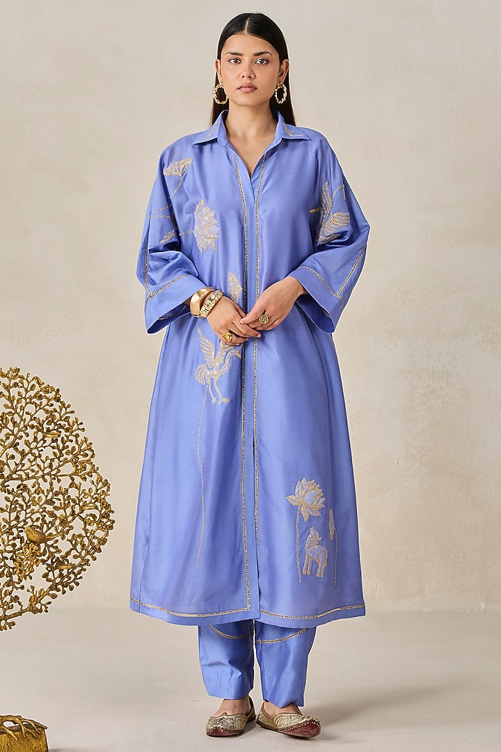 Ink Blue Chanderi Applique Embroidered Kurta Set by NITIKA GUJRAL at Pernia's Pop Up Shop