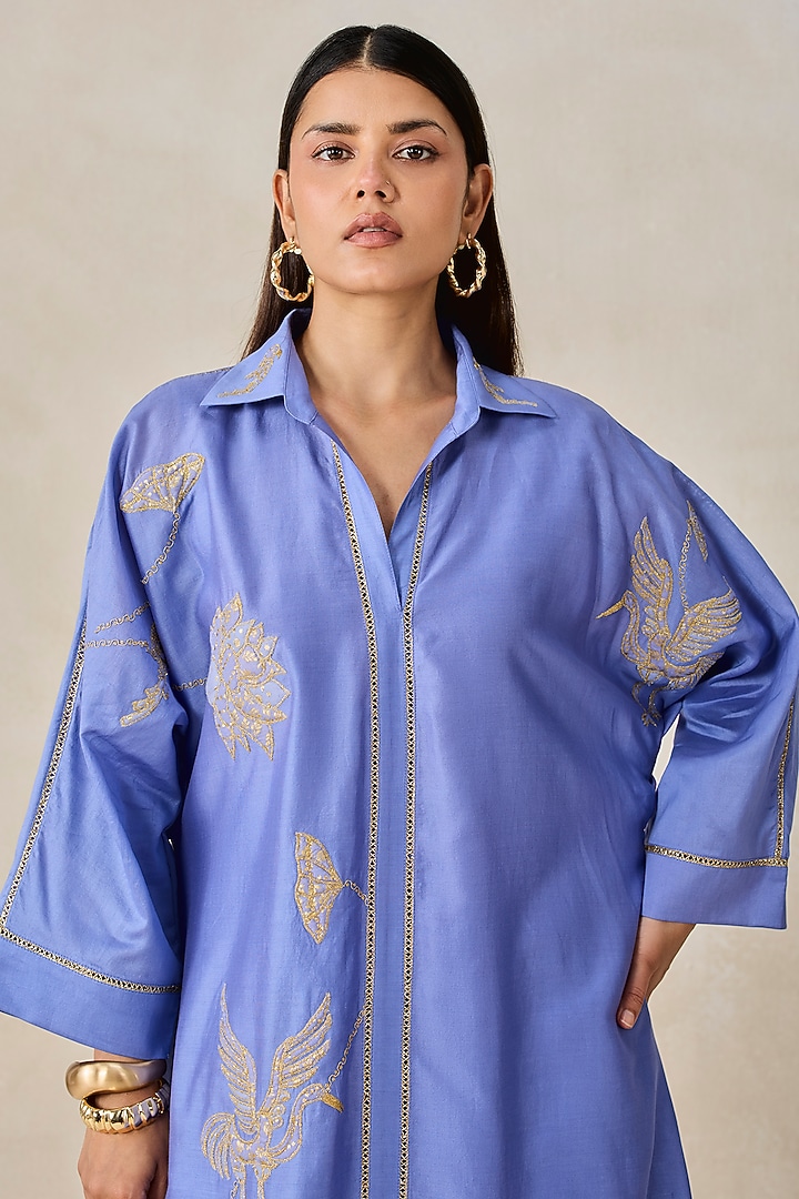 Ink Blue Chanderi Applique Embroidered Kurta Set by NITIKA GUJRAL at Pernia's Pop Up Shop