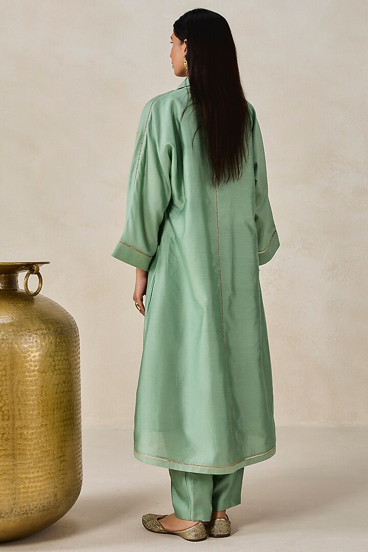 Sage Green Chanderi Applique Embroidered Kurta Set by NITIKA GUJRAL at Pernia's Pop Up Shop