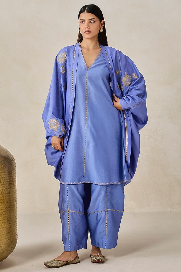 Ink Blue Chanderi Applique Embroidered Jacket Kurta Set by NITIKA GUJRAL at Pernia's Pop Up Shop