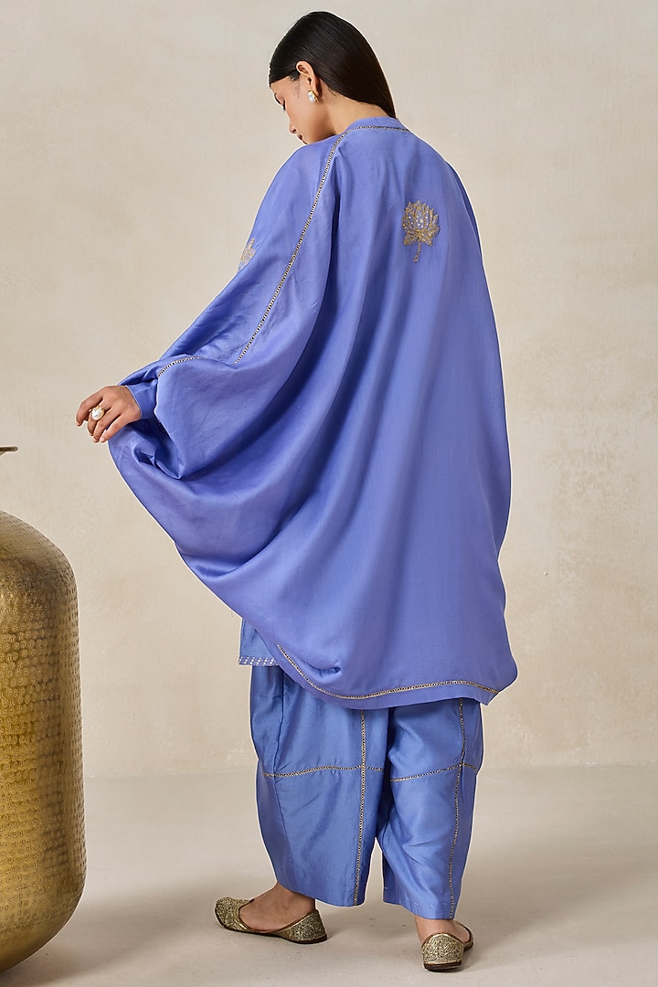 Ink Blue Chanderi Applique Embroidered Jacket Kurta Set by NITIKA GUJRAL at Pernia's Pop Up Shop