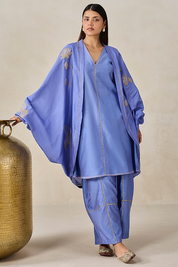 Ink Blue Chanderi Applique Embroidered Jacket Kurta Set by NITIKA GUJRAL at Pernia's Pop Up Shop