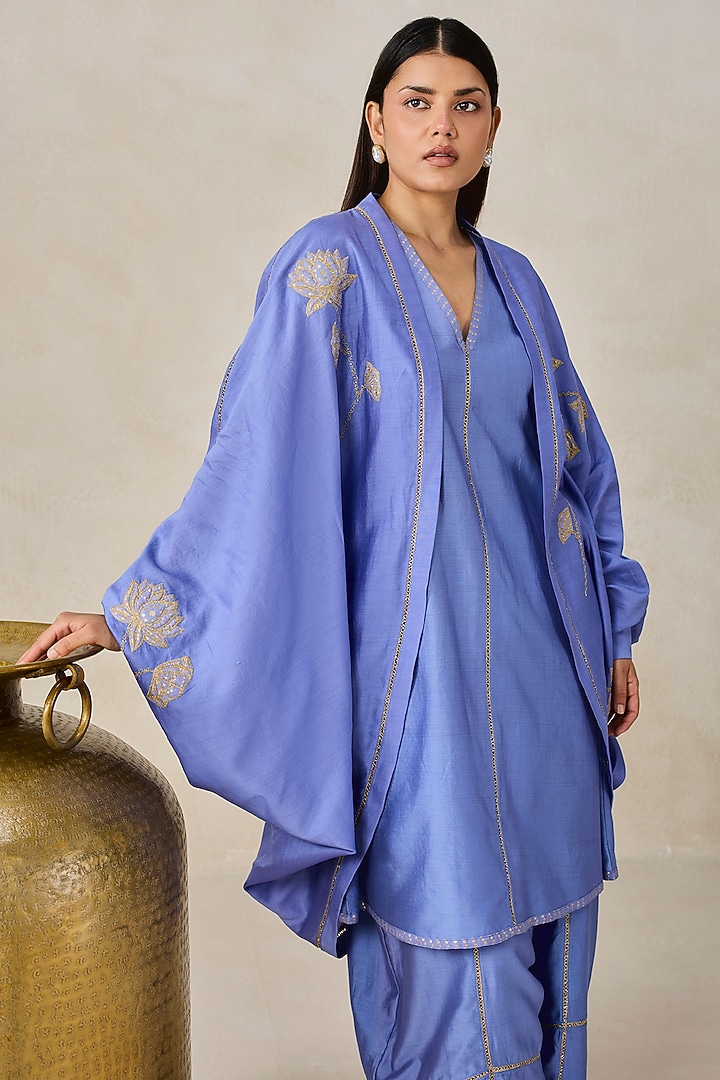 Ink Blue Chanderi Applique Embroidered Jacket Kurta Set by NITIKA GUJRAL at Pernia's Pop Up Shop