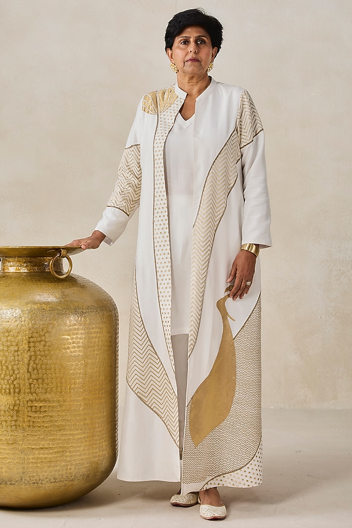 Ivory Chanderi Applique Embroidered Jacket Kurta Set by NITIKA GUJRAL at Pernia's Pop Up Shop