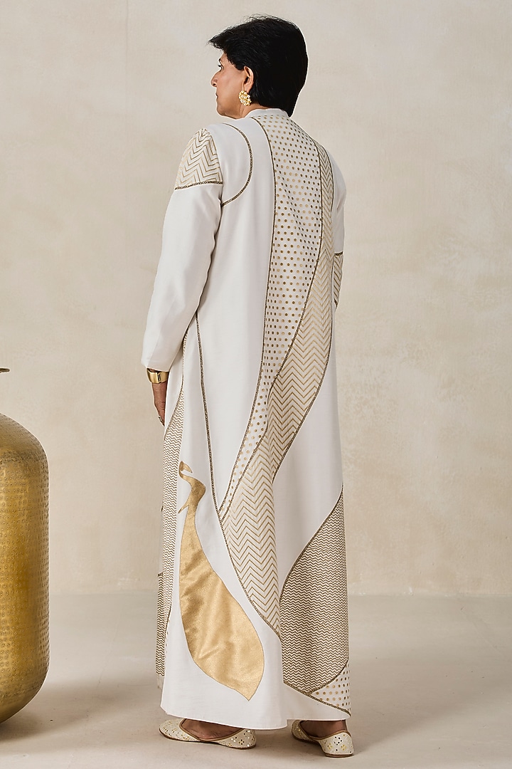 Ivory Chanderi Applique Embroidered Jacket Kurta Set by NITIKA GUJRAL at Pernia's Pop Up Shop