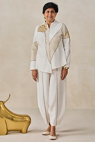 Ivory Chanderi Applique Embroidered Co-Ord Set by NITIKA GUJRAL