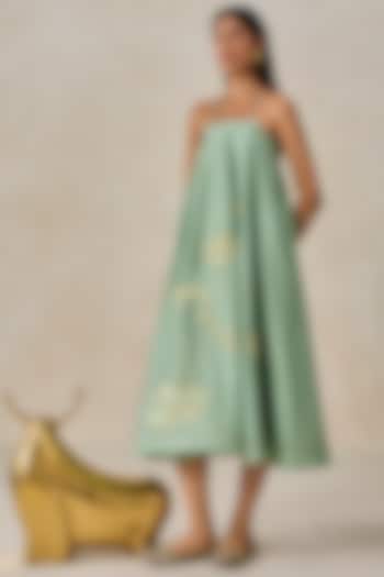 Sage Green Chanderi Embroidered Flowy Midi Vacation Dress by NITIKA GUJRAL at Pernia's Pop Up Shop