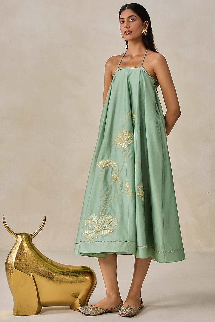 Sage Green Chanderi Embroidered Flowy Midi Vacation Dress by NITIKA GUJRAL at Pernia's Pop Up Shop