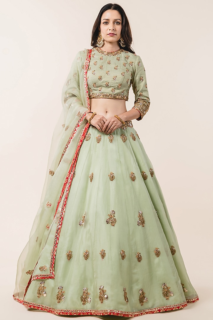 Apple Green Organza Dori Embroidered Bridal Lehenga Set by NITIKA GUJRAL at Pernia's Pop Up Shop