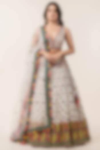 Ivory Georgette Applique Embroidered Bridal Lehenga Set by NITIKA GUJRAL at Pernia's Pop Up Shop