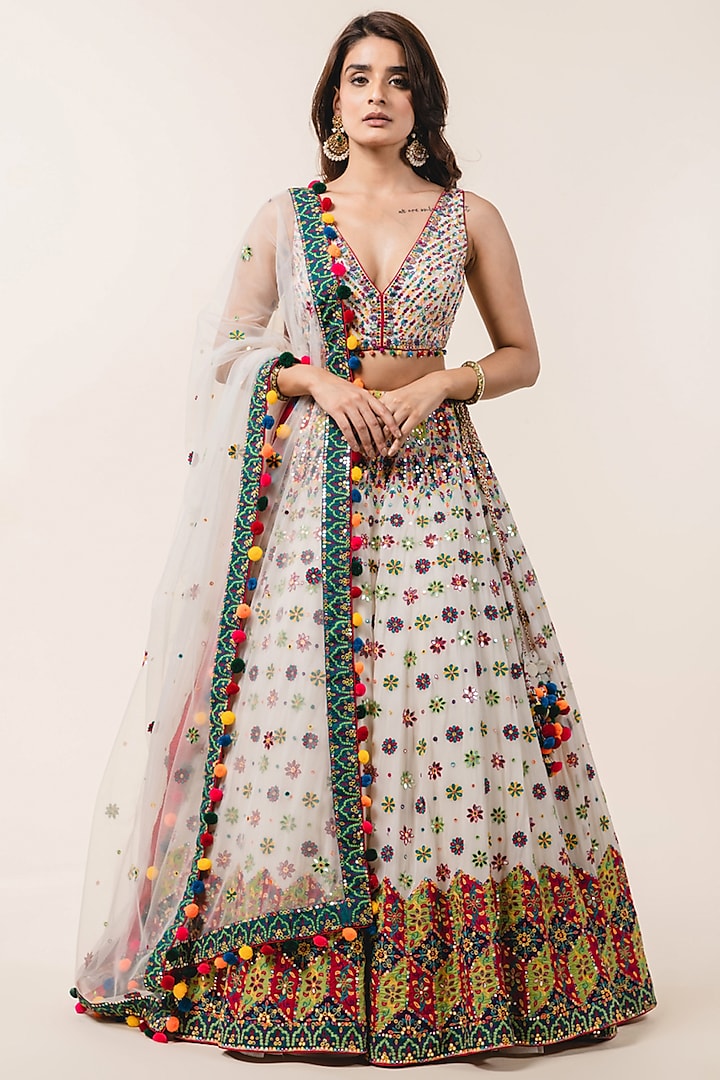Ivory Georgette Applique Embroidered Lehenga Set by NITIKA GUJRAL