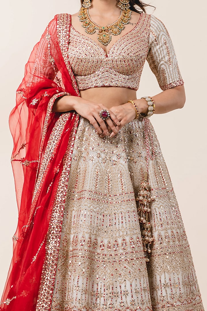 Ivory Organza Gota Embellished Bridal Lehenga Set by NITIKA GUJRAL at Pernia's Pop Up Shop