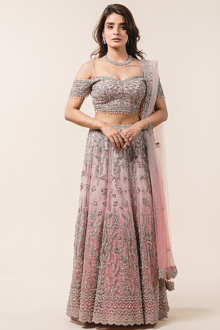 Rose Pink Ombre Tulle Cutdana Embroidered Lehenga Set by NITIKA GUJRAL