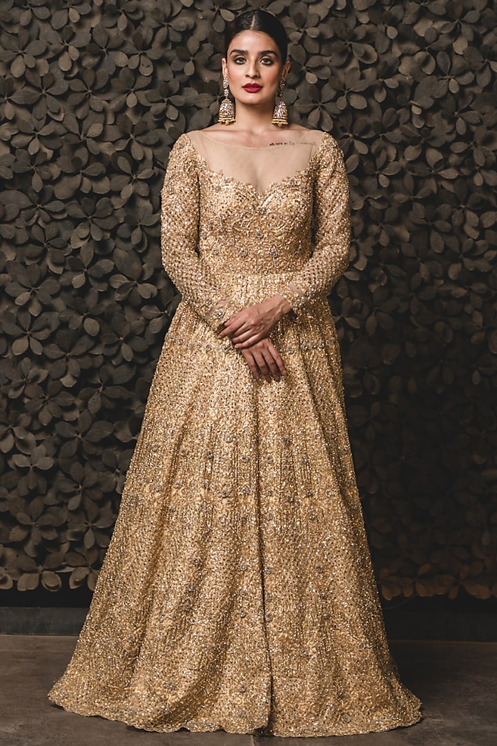 Golden Embroidered Gown With Dupatta by NITIKA GUJRAL