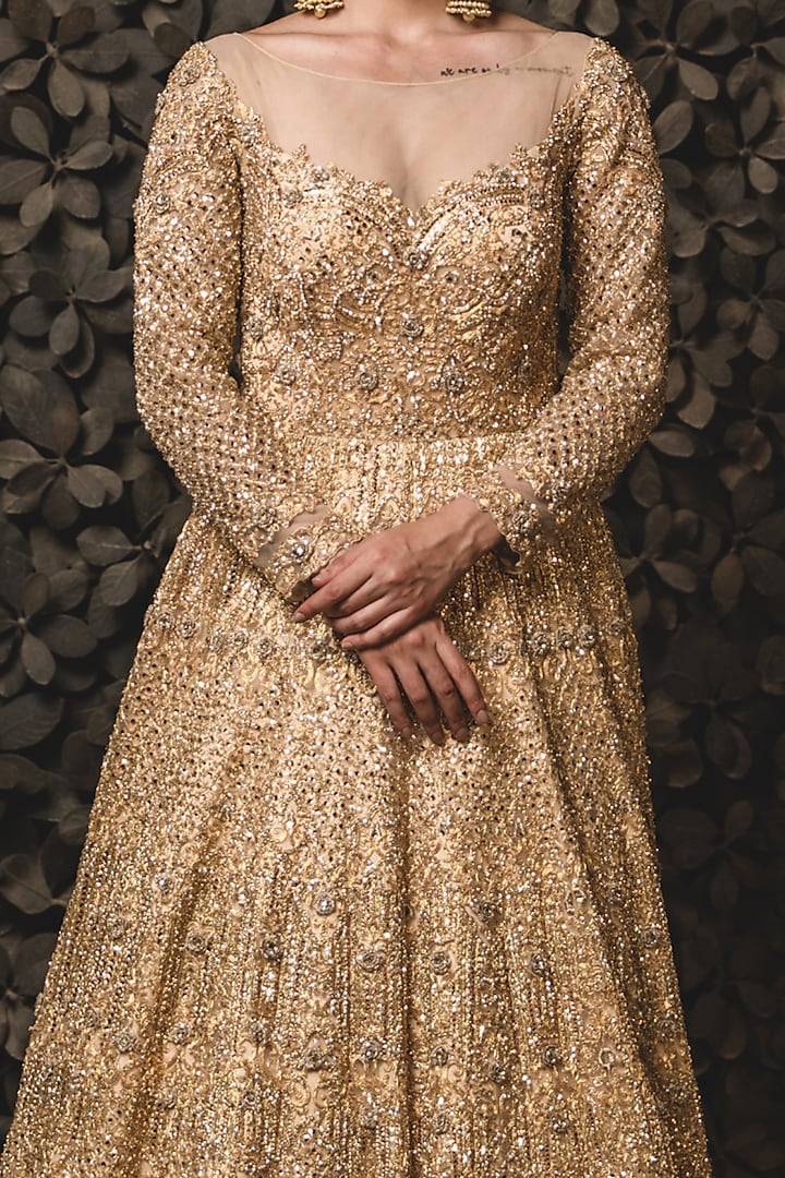 Golden Embroidered Bridal Gown With Dupatta by NITIKA GUJRAL at Pernia's Pop Up Shop