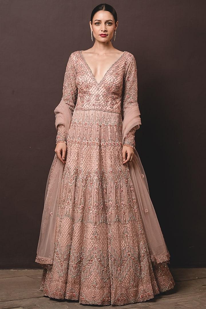 Peach Tulle Thread Embroidered Gown With Dupatta by NITIKA GUJRAL