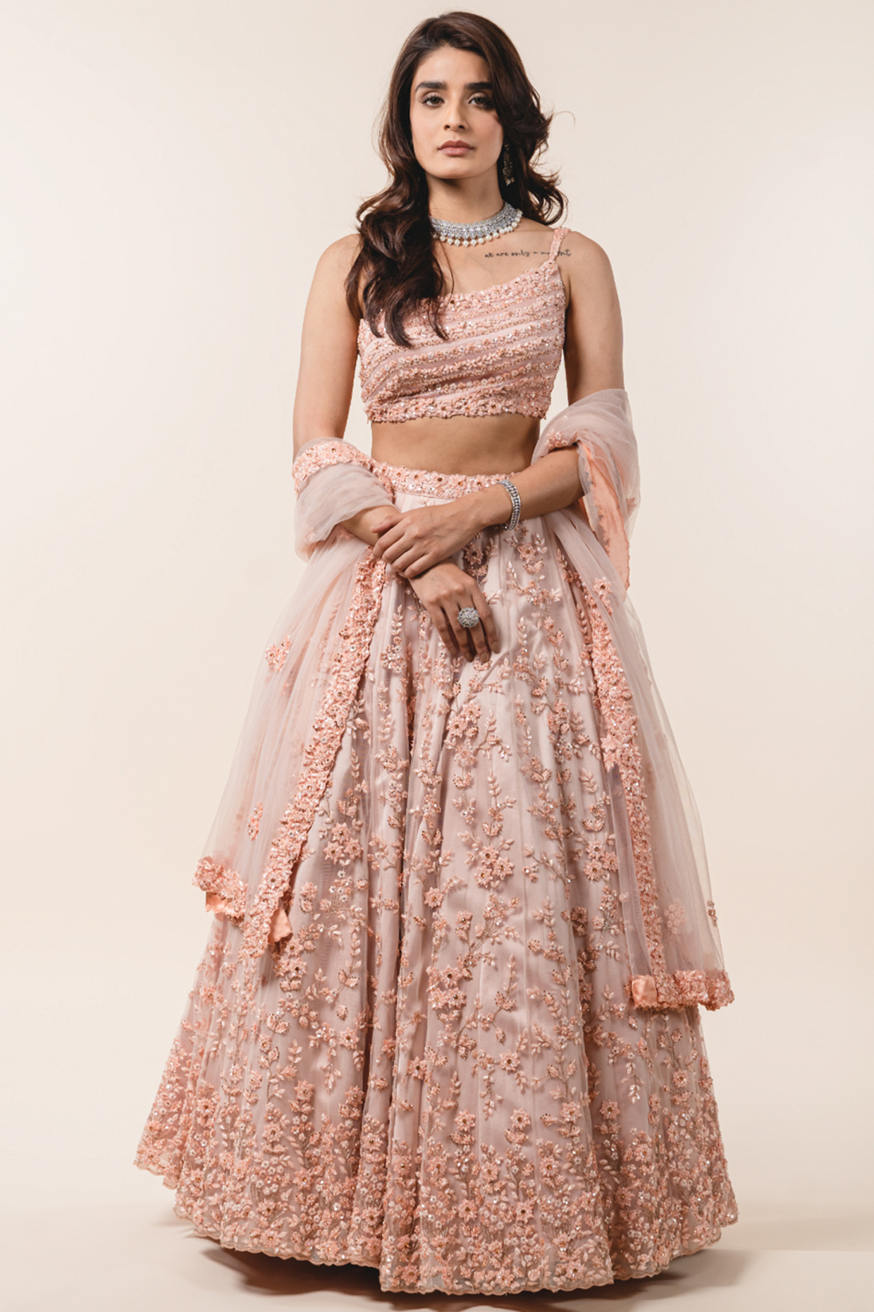 Peach Tulle Sequins Embroidered Bridal Lehenga Set by NITIKA GUJRAL at Pernia's Pop Up Shop