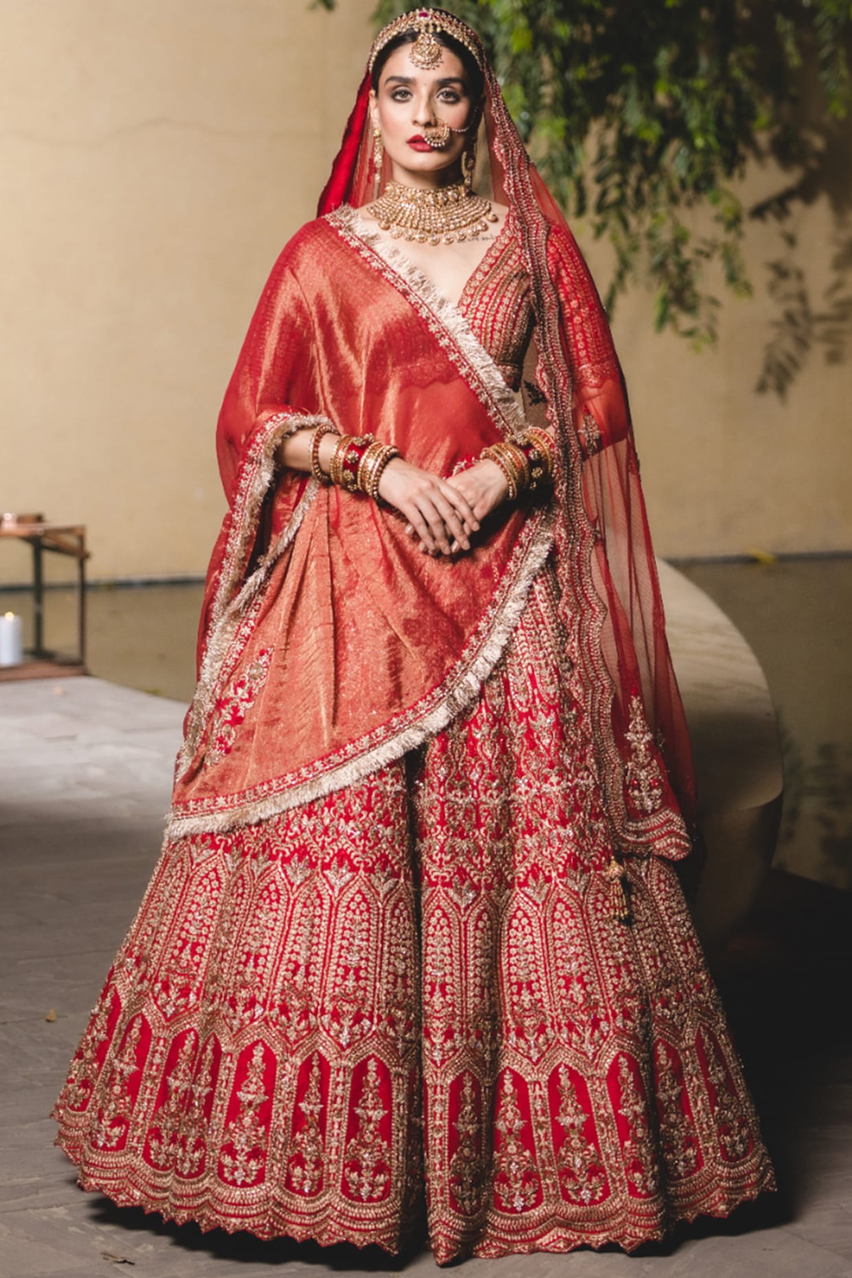 Indian Bridal Red Lehenga Choli with Golden Embroidery -