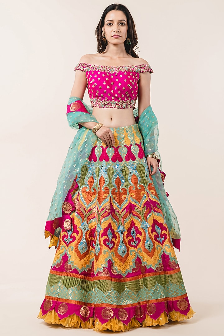 Multi Colored Brocade Hand Embroidered Lehenga Set by NITIKA GUJRAL