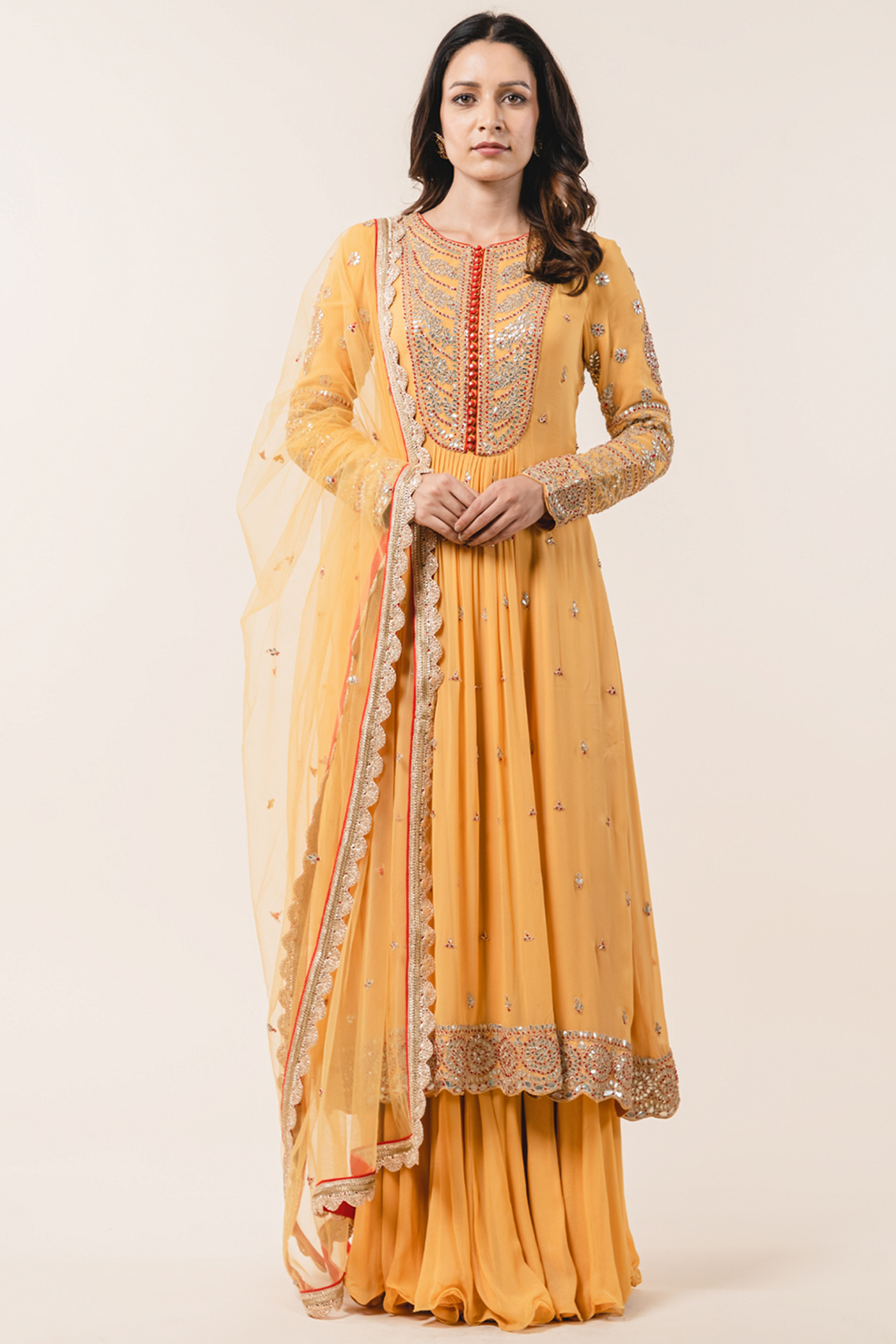 Mustard Georgette Wedding Sharara Set by NITIKA GUJRAL at Pernia's Pop Up Shop