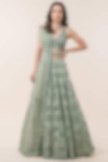 Sage Green Tulle 3D Resham Embroidered Bridal Lehenga Set by NITIKA GUJRAL at Pernia's Pop Up Shop