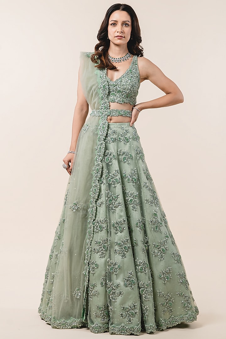 Sage Green Tulle 3D Resham Embroidered Bridal Lehenga Set by NITIKA GUJRAL at Pernia's Pop Up Shop