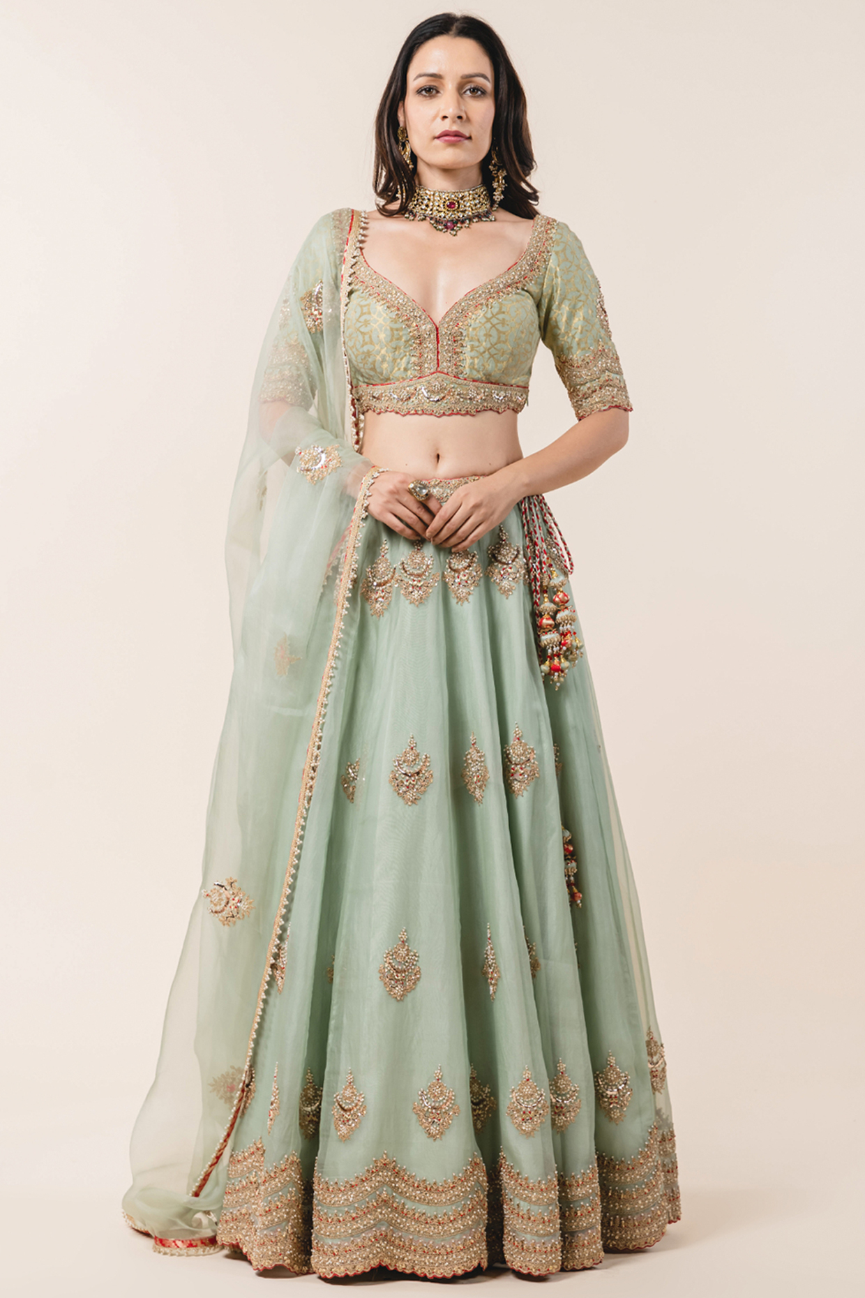 Jade Green Organza Dori Embellished Bridal Lehenga Set by NITIKA GUJRAL at Pernia's Pop Up Shop