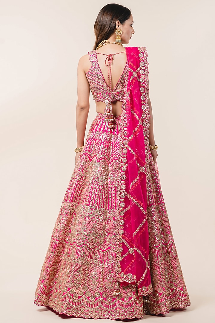 Fuchsia Pink Taffeta Sequins Embellished Bridal Lehenga Set by NITIKA GUJRAL at Pernia's Pop Up Shop