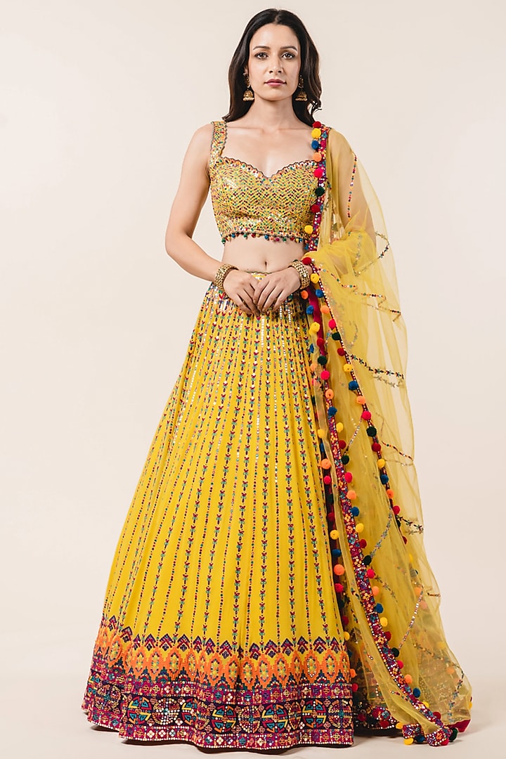 Yellow Georgette Embroidered Lehenga Set by NITIKA GUJRAL