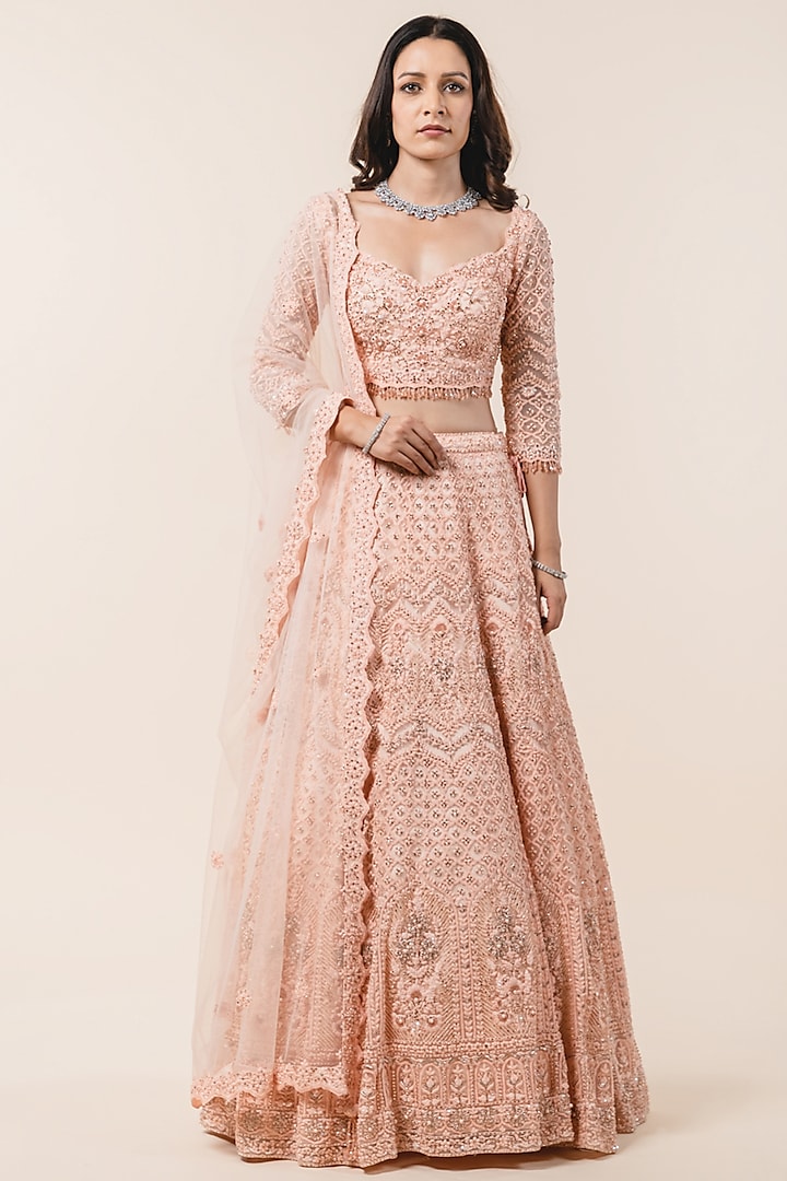 Peach Tulle Sequins Embroidered Lehenga Set by NITIKA GUJRAL