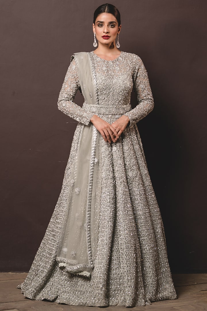 Grey Tulle Sequin Embroidered Gown With Dupatta by NITIKA GUJRAL