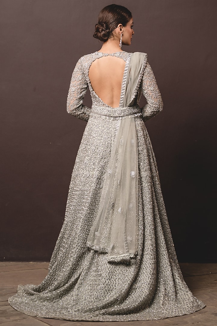 Grey Tulle Sequin Embroidered Bridal Gown With Dupatta by NITIKA GUJRAL at Pernia's Pop Up Shop
