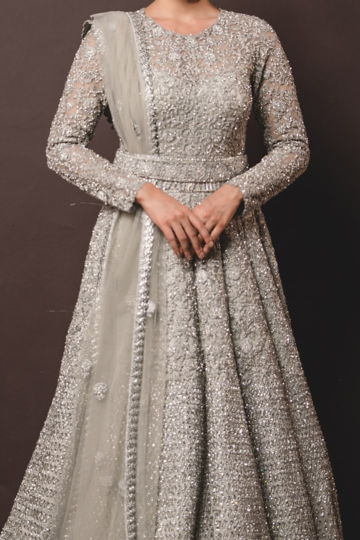 Grey Tulle Sequin Embroidered Bridal Gown With Dupatta by NITIKA GUJRAL at Pernia's Pop Up Shop