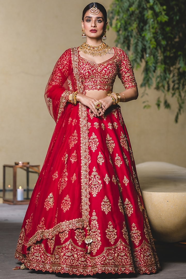 Crimson Raw Silk Gold Zari Embellished Wedding Lehenga Set by NITIKA ...