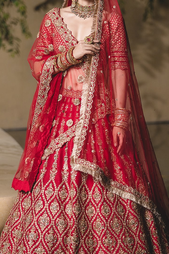 Blood Red Raw Silk Zari Embellished Bridal Lehenga Set by NITIKA GUJRAL at Pernia's Pop Up Shop