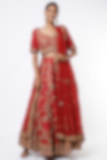 Red Raw Silk Dori Embroidered Bridal Lehenga Set by NITIKA GUJRAL