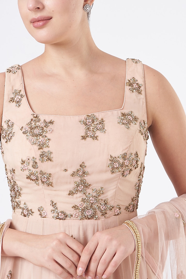 Nude Georgette & Banarasi Embroidered Wedding Lehenga Set by NITIKA GUJRAL at Pernia's Pop Up Shop
