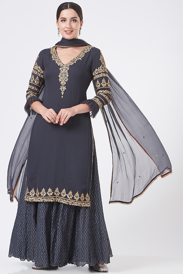 Charcoal Grey Embroidered Kurta Set by NITIKA GUJRAL