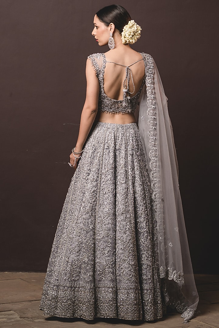 Silver Tulle Cutdana Embroidered Bridal Lehenga Set by NITIKA GUJRAL at Pernia's Pop Up Shop
