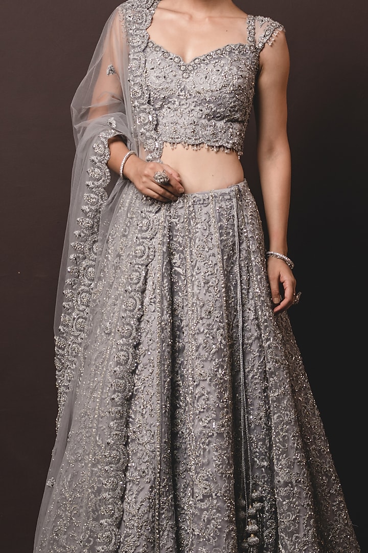Silver Tulle Cutdana Embroidered Bridal Lehenga Set by NITIKA GUJRAL at Pernia's Pop Up Shop