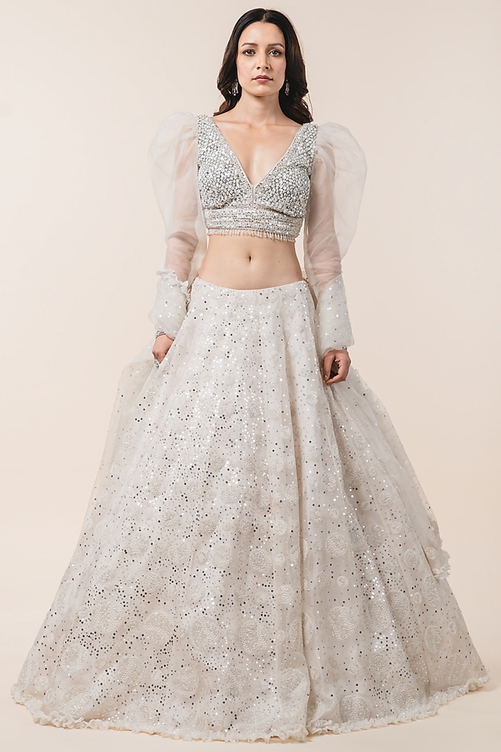 Ivory Organza Sequins Embroidered Lehenga Set by NITIKA GUJRAL