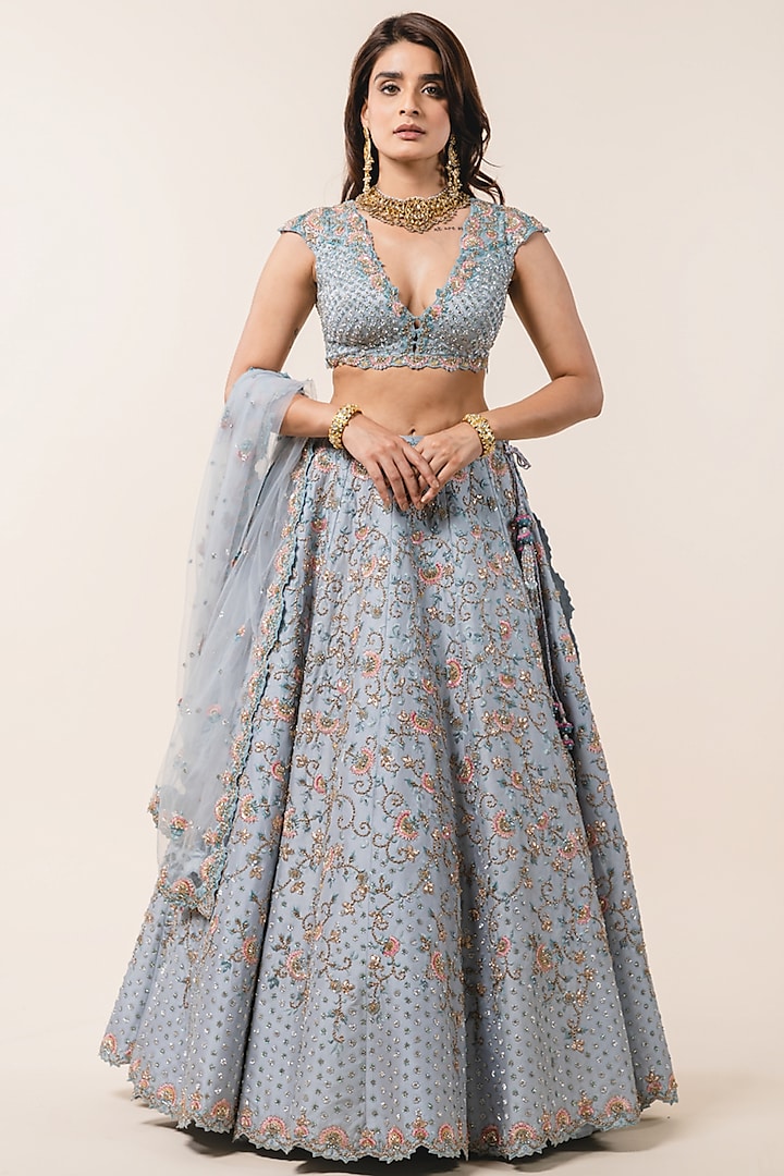 Powder Blue Dupion Sequins Embroidered Lehenga Set by NITIKA GUJRAL